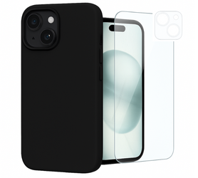 Etui do iPhone 15 czarne + Szkło na ekran + Szkło na aparat