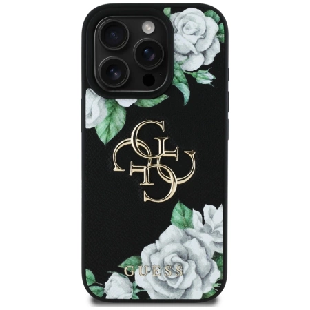Guess Grained Roses Big 4G Logo iPhone 16 Pro Hülle - Schwarz