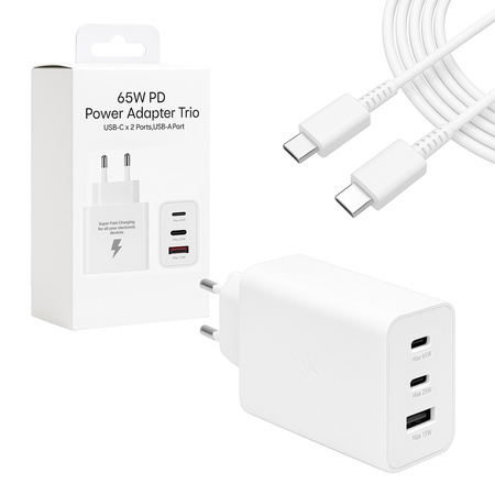 ECOBOX ŁADOWARKA SIECIOWA 65W BIAŁE 2xTYP-C ORAZ USB-A +  KABEL USB PD TYP-C DO TYP-C 3A BIAŁY 1M