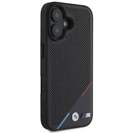 Original Handyhülle IPHONE 16 BMW Hardcase M Perforated Tricolor Line MagSafe (BMHMP16S23PUPDK) schwarz