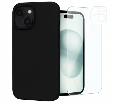 Etui do iPhone 15 czarne + Szkło na ekran + Szkło na aparat