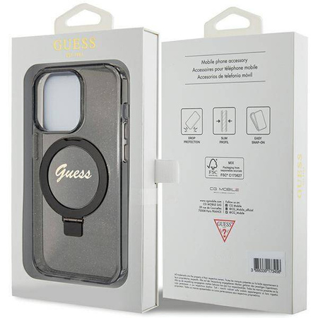 Guess Ring Stand Script Glitter MagSafe-Hülle für iPhone 15 Pro Max – Schwarz