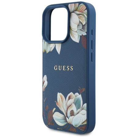 Etui IPHONE 16 PRO MAX Guess Grained Printed Flower Pattern MagSafe niebieskie