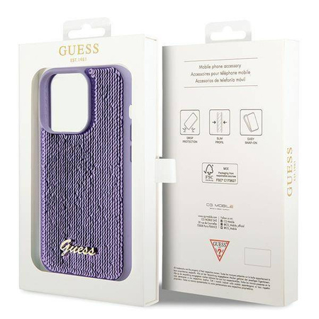Guess Pailletten-Schriftzug-Metallgehäuse für iPhone 15 Pro – Lila