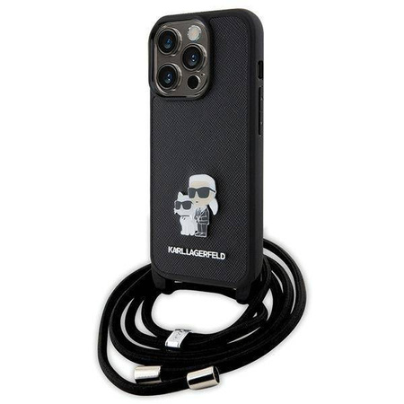 Karl Lagerfeld Crossbody Saffiano Metal Pin Karl &amp; Choupette Hülle für iPhone 15 Pro – Schwarz