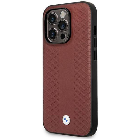 Oryginalne Etui IPHONE 14 PRO BMW Leather Diamond Pattern MagSafe (BMHMP14L22RFGR) burgundowe