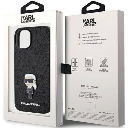 Karl Lagerfeld Fixed Glitter Ikonik Logo Metal Pin Hülle für iPhone 15 – Schwarz