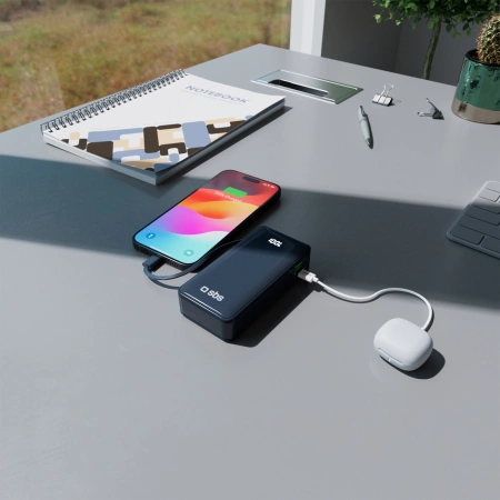 Powerbank SBS 10000 mAh 20W mit integriertem USB-C-Kabel und Digitalanzeige - dunkelgrau