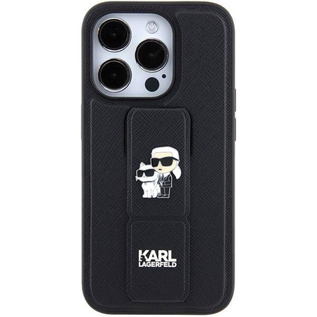 Etui Karl Lagerfeld Gripstand Saffiano Karl&Choupette Pins na iPhone 15 Pro Max - czarne