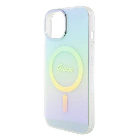 Oryginalne Etui APPLE IPHONE 15 Guess Hardcase IML Iridescent MagSafe (GUHMP15SHITSQ) turkusowe