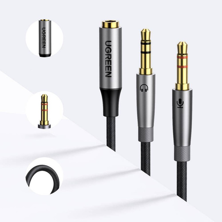 Ugreen kabel rozdzielacz AUX 3,5 mm mini jack (żeński) - 2x 3,5 mm mini jack (męski - mikrofon i słuchawki) srebrny (AV193 50255)
