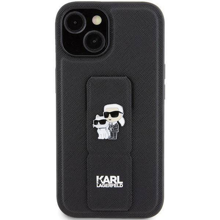 Karl Lagerfeld Gripstand Saffiano Karl&amp;Choupette Pins Hülle für iPhone 15 Plus / 14 Plus – Schwarz