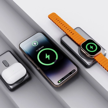 Powerbank Dudao K29 10000mAh PD 20W z MagSafe z metalową obudową, podstawką i wbudowanymi kablami USB-C/Lightning - srebrny