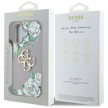 Guess Grained Roses Big 4G Logo iPhone 16 Hülle - Lila