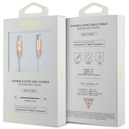 Guess GUCCLALRGDP kabel USB-C - USB-C 1.5m Fast Charging różowy/pink Ebossed Logo