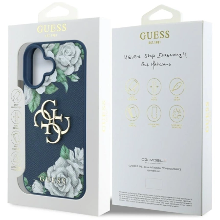 Guess Grained Roses Big 4G logo case for iPhone 16 - blue