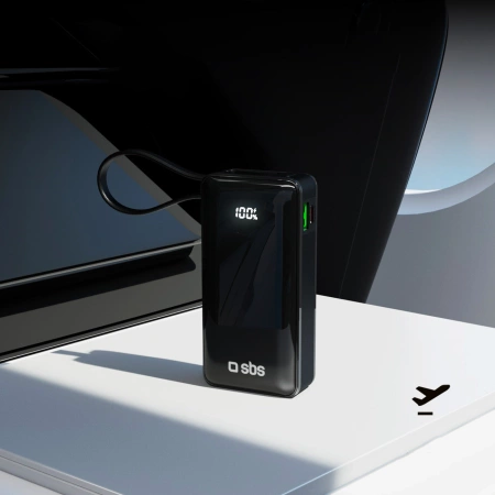 Powerbank SBS 10000 mAh 20W mit integriertem USB-C-Kabel und Digitalanzeige - schwarz