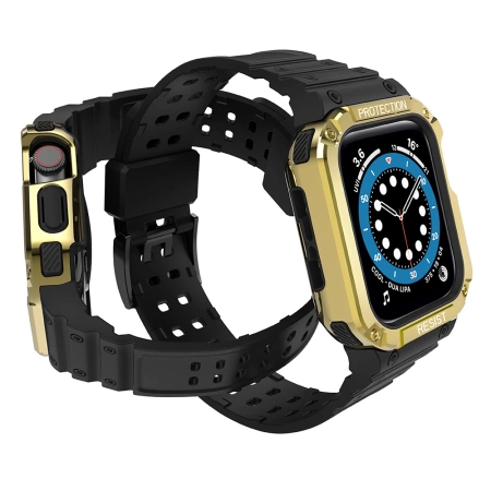 Pasek z etui ochronnym Protect Strap Band do Apple Watch 42 / 44 / 45 mm opaska obudowa pancerna - czarny, złoty