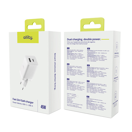 Allity ładowarka sieciowa GaN PD QC ATC-01-45WAC 1x USB-C 1x USB-A 45W biała