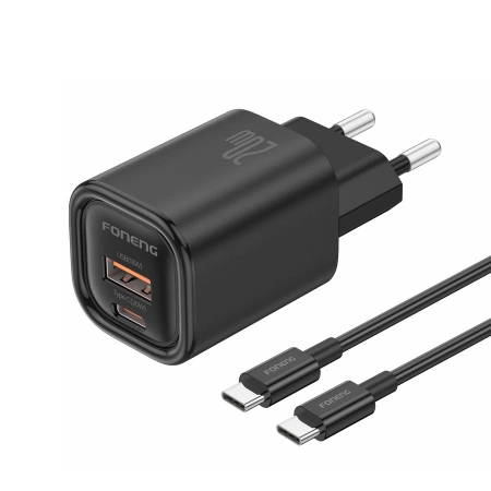 FONENG Netz-Ladegerät EU70 PD 20W 1xUSB-C + 1xUSB QC3.0 + kabel USB-C - USB-C schwarz