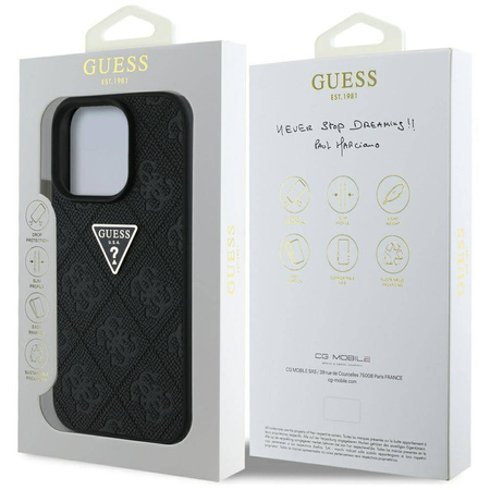 Schutzhülle IPHONE 16 PRO MAX Guess Hot Stamp 4G Pattern Triangle Metal Logo schwarz