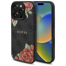 Original Handyhülle IPHONE 16 PRO Guess Hardcase 4G Flowers Print MagSafe (GUHMP16LP4ROPEMCK) schwarz