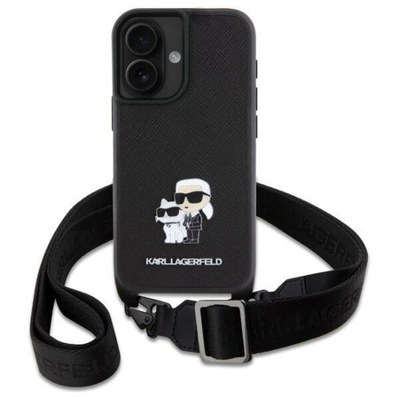 Original Case IPHONE 16 Karl Lagerfeld Hardcase Saffiano Karl&Choupette Metal Pin CBDY Strap (KLHCP16SSAKCPBK) black