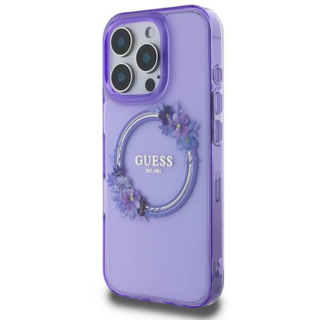 Original Handyhülle IPHONE 16 PRO Guess Hardcase IML Flowers Wreath MagSafe (GUHMP16LHFWFCU) lila