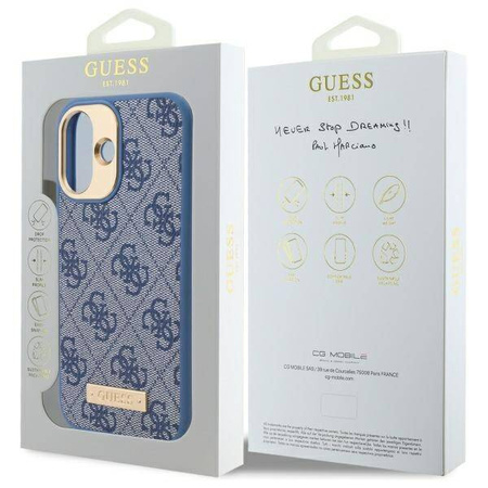 Original Handyhülle IPHONE 16 Guess Hardcase 4G Logo Plate MagSafe (GUHMP16SU4GPRB) blau