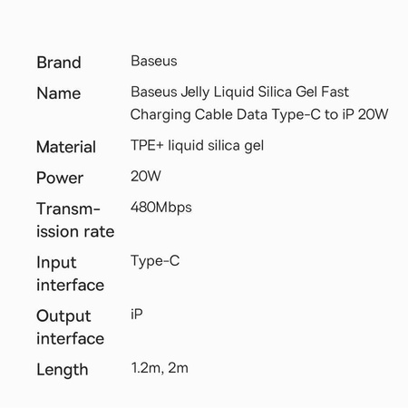 Baseus Kabel, USB Typ C - Lightning 20W Kabel, 1,2 m lang Jelly Liquid Silica Gel - schwarz