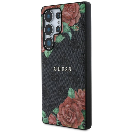 Original Handyhülle SAMSUNG GALAXY S25 ULTRA Guess Leather 4G Flowers Print Metal Classic Logo MagSafe schwarz