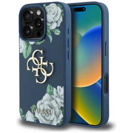 Etui Guess Grained Roses Big 4G logo na iPhone 16 Pro - niebieskie