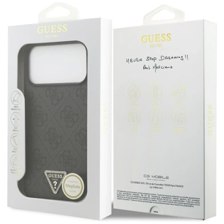 Etui Guess Leather 4G Triangle Strass MagSafe na iPhone 17 Pro Max - czarne