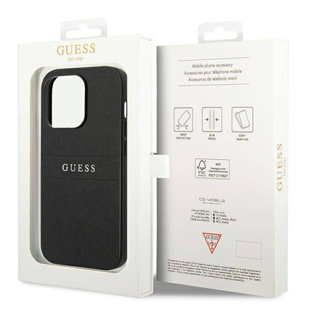 Guess Saffiano Metal Logo Stripes - Etui iPhone 14 Pro (czarny)