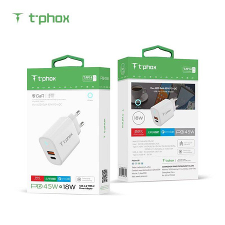 45W USB + USB-C T-PHOX GLORY Wall Charger, white