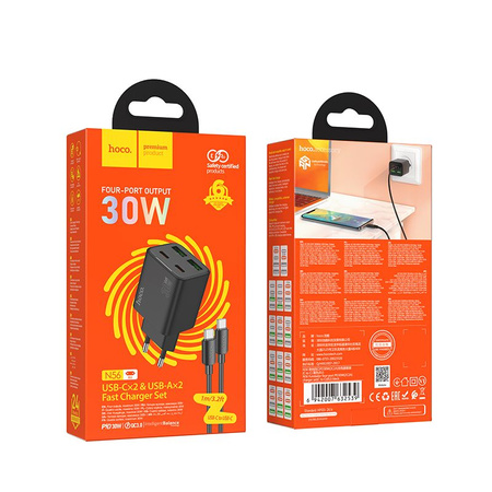 Ładowarka sieciowa do telefonu Hoco 2 x USB C + 2 x USB A QC3.0 PD 3A 30W + kabel USB C do USB C N56 czarna