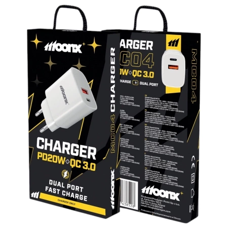 MOONX MC04 network charger, USB-C PD 20W + USB QC3.0 white