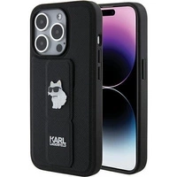 Karl Lagerfeld Gripstand Saffiano Choupette Pins Hülle für iPhone 15 Pro – Schwarz