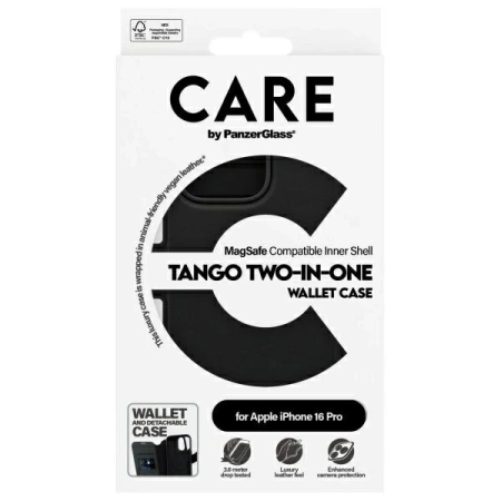 CARE by PanzerGlass Feature Tango 2in1 Wallet MagSafe Hülle für iPhone 16 Pro – Schwarz