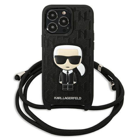 Original Case IPHONE 13 PRO Karl Lagerfeld Hardcase Leather Monogram Patch And Cord Iconik (KLHCP13LCMNIPK) black