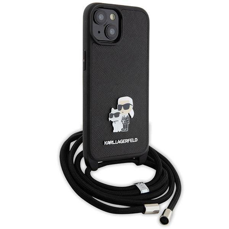 Etui Karl Lagerfeld Crossbody Saffiano Metal Pin Karl & Choupette na iPhone 15 Plus - czarne