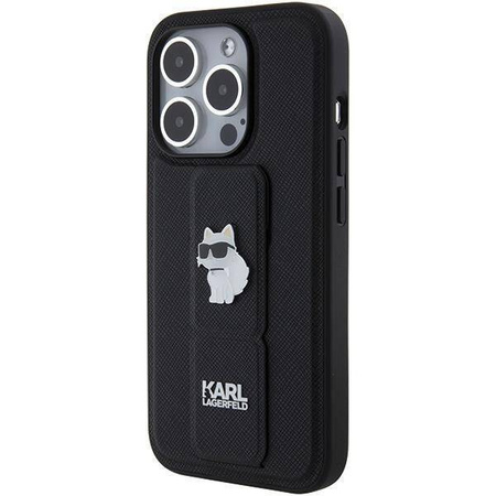 Karl Lagerfeld Gripstand Saffiano Choupette Pins case for iPhone 15 Pro - black