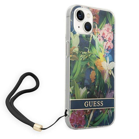 Original Handyhülle IPHONE 14 Guess Hardcase Flower Strap (GUOHCP14SHFLSB) blau