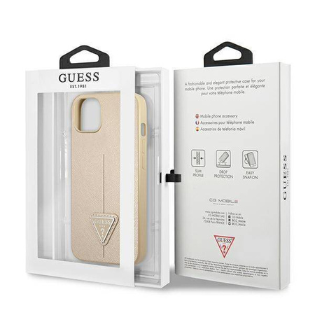 Original Case IPHONE 14 Guess Hardcase Saffianotriangle Logo (GUHCP14SPSATLE) beige
