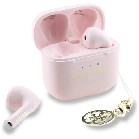 TWS Guess Kopfhörer mit klassischem Logo und Charm-Aufdruck, glänzender Effekt, Rosa