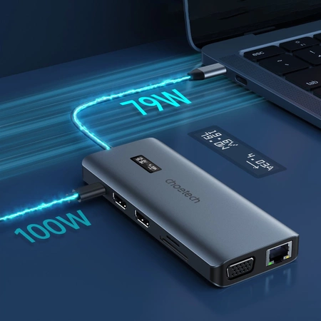 Choetech HUB wielofunkcyjny z wyświetlaczem 12w1 USB-C do 1xUSB-C/4xUSB-A/2xHDMI/1xVGA/1xAUX/czytnik kart pamięci szary (HUB-M26)