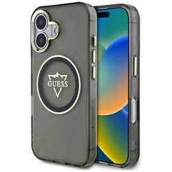 Original Handyhülle IPHONE 16 Guess IML Metal Mountain Logo MagSafe schwarz