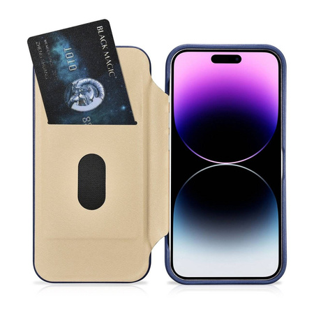 iCarer CE Premium Leather Folio Case skórzane etui iPhone 14 Pro z klapką magnetyczne MagSafe niebieski (WMI14220714-BU)