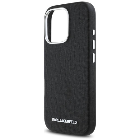 Oryginalne Etui IPHONE 16 PRO MAX Karl Lagerfeld Saffiano Full Wrapped Elongated Metal Logo MagSafe czarne