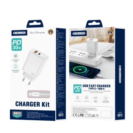 JELLICO ładowarka sieciowa EU13 GaN PD 30W 1xUSB-C + 1xUSB QC3.0 + kabel USB-C - Lightning Biały